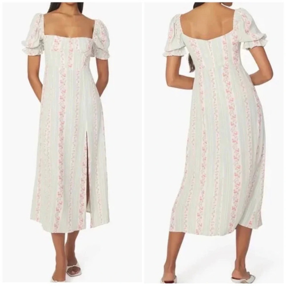 WeWoreWhat Sage Green Pink‎ Victorian Floral Stripe Puff Sleeve Corset Dress - Picture 2 of 15